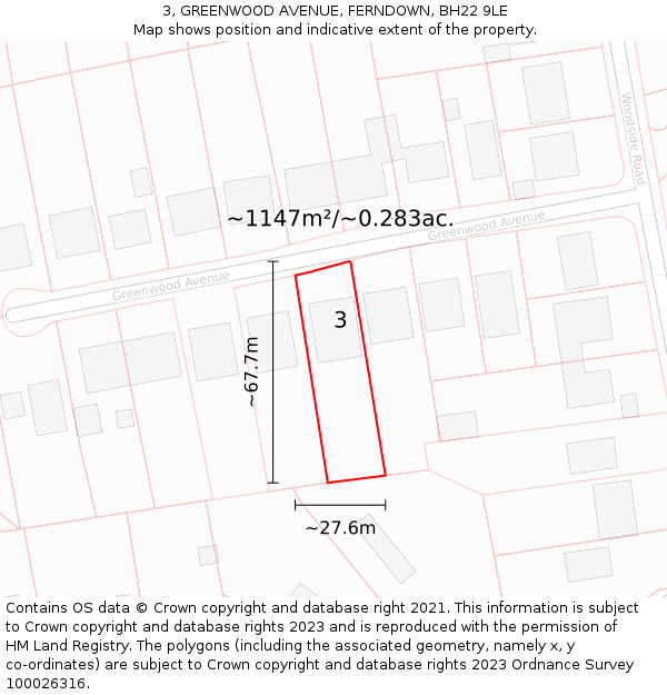 3, GREENWOOD AVENUE, FERNDOWN, BH22 9LE: Plot and title map