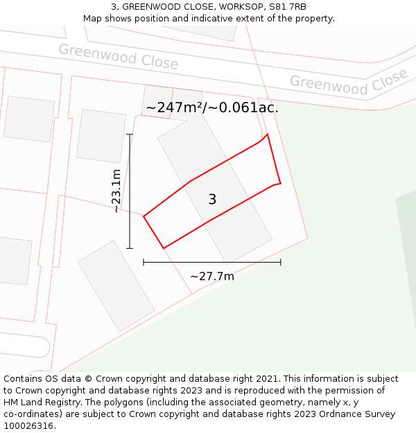 3, GREENWOOD CLOSE, WORKSOP, S81 7RB: Plot and title map
