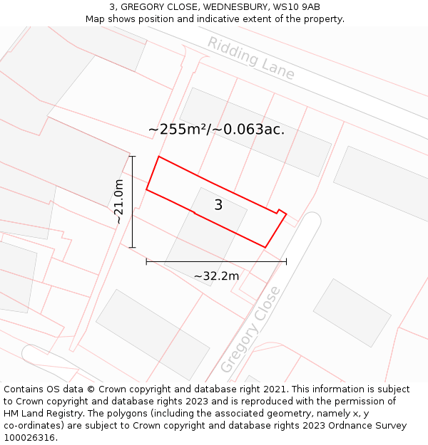 3, GREGORY CLOSE, WEDNESBURY, WS10 9AB: Plot and title map