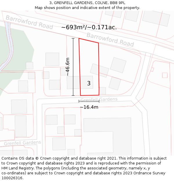 3, GRENFELL GARDENS, COLNE, BB8 9PL: Plot and title map