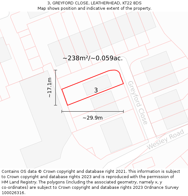 3, GREYFORD CLOSE, LEATHERHEAD, KT22 8DS: Plot and title map