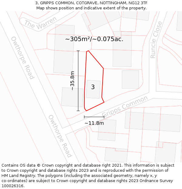 3, GRIPPS COMMON, COTGRAVE, NOTTINGHAM, NG12 3TF: Plot and title map