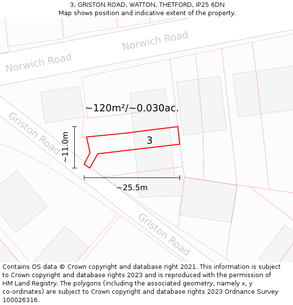 3, GRISTON ROAD, WATTON, THETFORD, IP25 6DN: Plot and title map