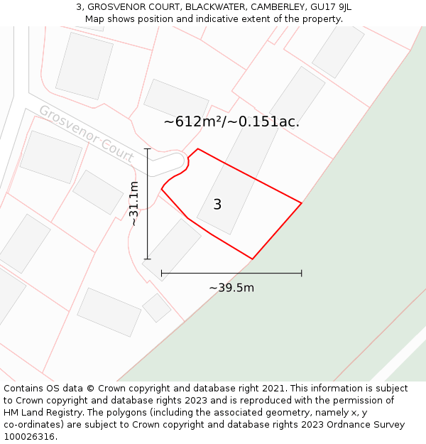 3, GROSVENOR COURT, BLACKWATER, CAMBERLEY, GU17 9JL: Plot and title map