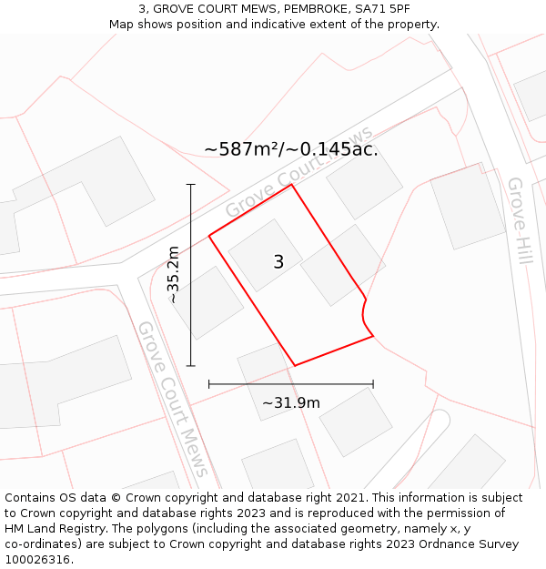 3, GROVE COURT MEWS, PEMBROKE, SA71 5PF: Plot and title map