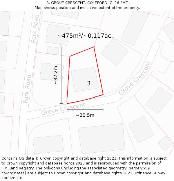 3, GROVE CRESCENT, COLEFORD, GL16 8AZ: Plot and title map