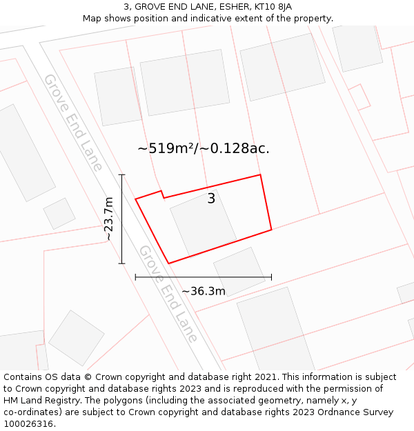 3, GROVE END LANE, ESHER, KT10 8JA: Plot and title map