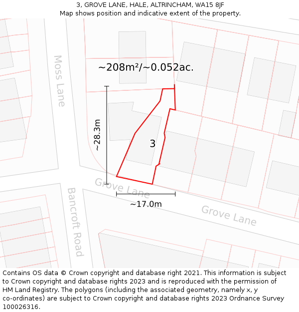 3, GROVE LANE, HALE, ALTRINCHAM, WA15 8JF: Plot and title map