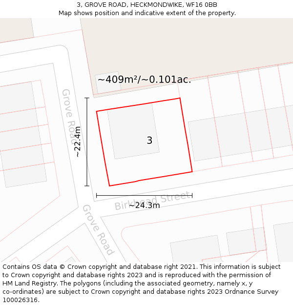 3, GROVE ROAD, HECKMONDWIKE, WF16 0BB: Plot and title map