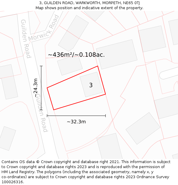 3, GUILDEN ROAD, WARKWORTH, MORPETH, NE65 0TJ: Plot and title map