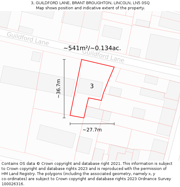 3, GUILDFORD LANE, BRANT BROUGHTON, LINCOLN, LN5 0SQ: Plot and title map