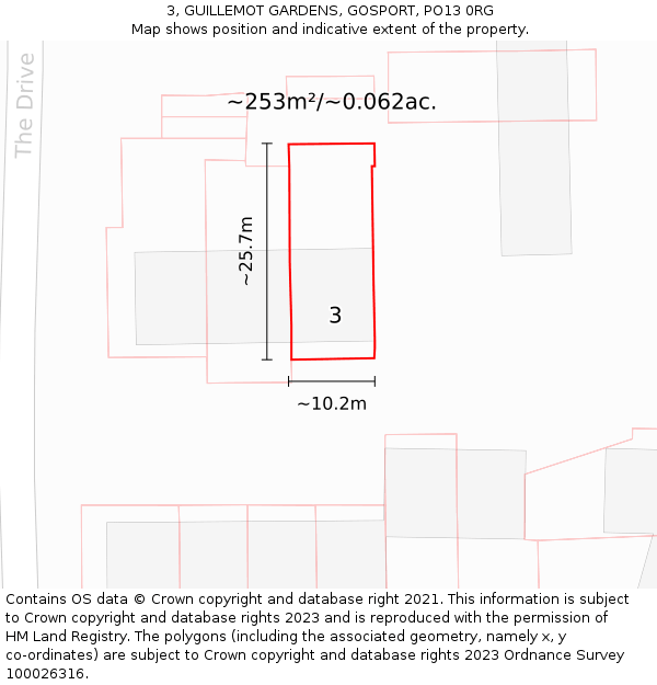 3, GUILLEMOT GARDENS, GOSPORT, PO13 0RG: Plot and title map