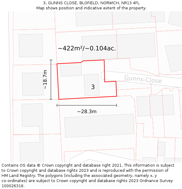 3, GUNNS CLOSE, BLOFIELD, NORWICH, NR13 4FL: Plot and title map