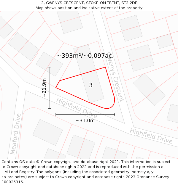 3, GWENYS CRESCENT, STOKE-ON-TRENT, ST3 2DB: Plot and title map