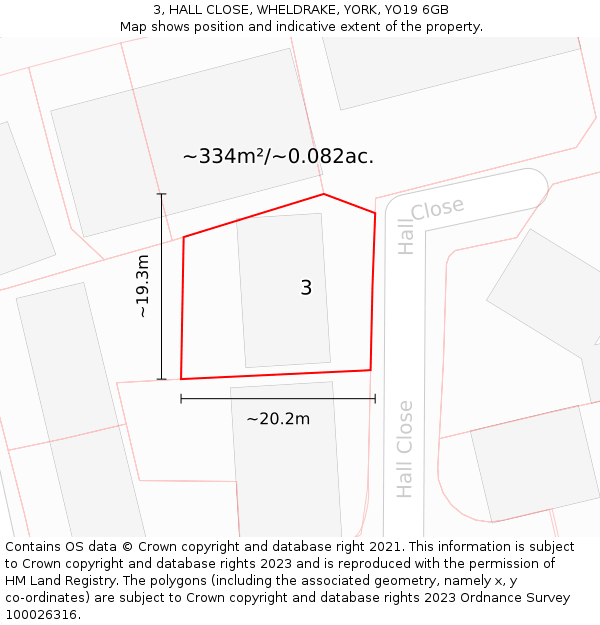 3, HALL CLOSE, WHELDRAKE, YORK, YO19 6GB: Plot and title map