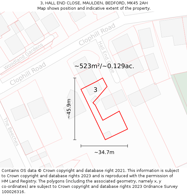 3, HALL END CLOSE, MAULDEN, BEDFORD, MK45 2AH: Plot and title map