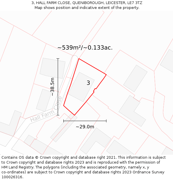 3, HALL FARM CLOSE, QUENIBOROUGH, LEICESTER, LE7 3TZ: Plot and title map