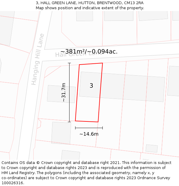 3, HALL GREEN LANE, HUTTON, BRENTWOOD, CM13 2RA: Plot and title map