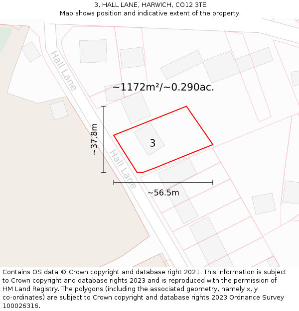 3, HALL LANE, HARWICH, CO12 3TE: Plot and title map