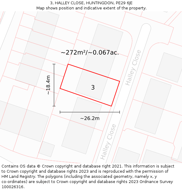 3, HALLEY CLOSE, HUNTINGDON, PE29 6JE: Plot and title map