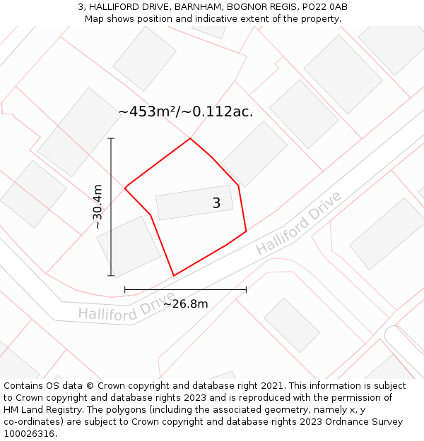 3, HALLIFORD DRIVE, BARNHAM, BOGNOR REGIS, PO22 0AB: Plot and title map