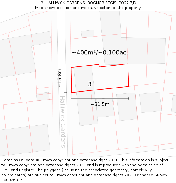 3, HALLIWICK GARDENS, BOGNOR REGIS, PO22 7JD: Plot and title map