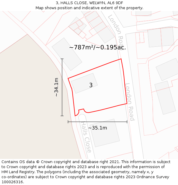 3, HALLS CLOSE, WELWYN, AL6 9DF: Plot and title map