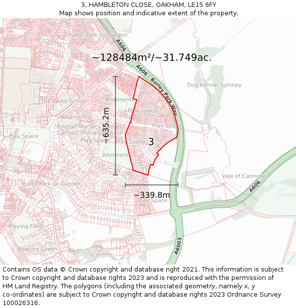 3, HAMBLETON CLOSE, OAKHAM, LE15 6FY: Plot and title map