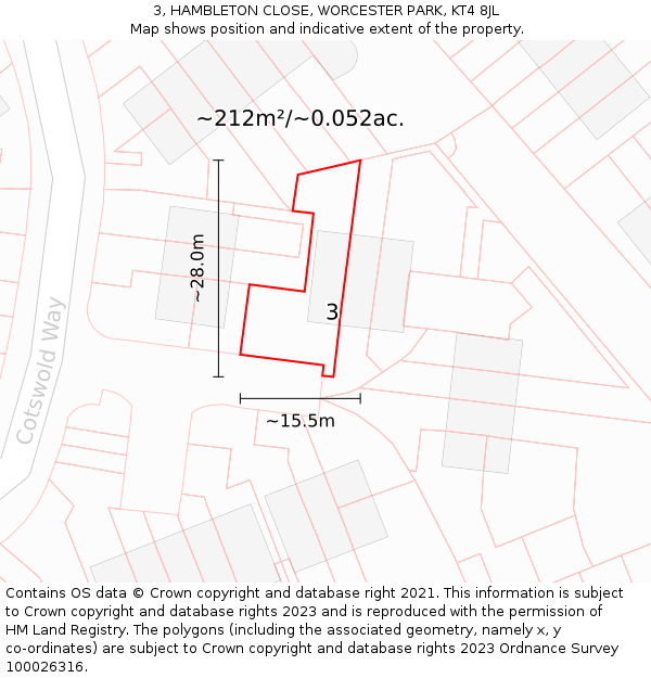 3, HAMBLETON CLOSE, WORCESTER PARK, KT4 8JL: Plot and title map