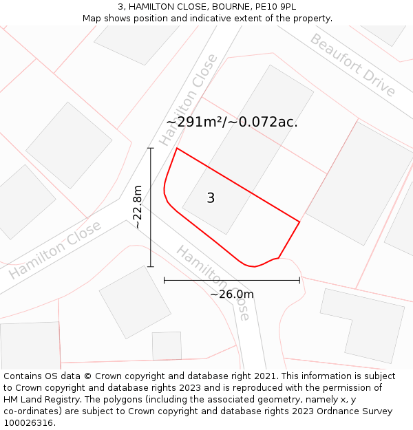 3, HAMILTON CLOSE, BOURNE, PE10 9PL: Plot and title map