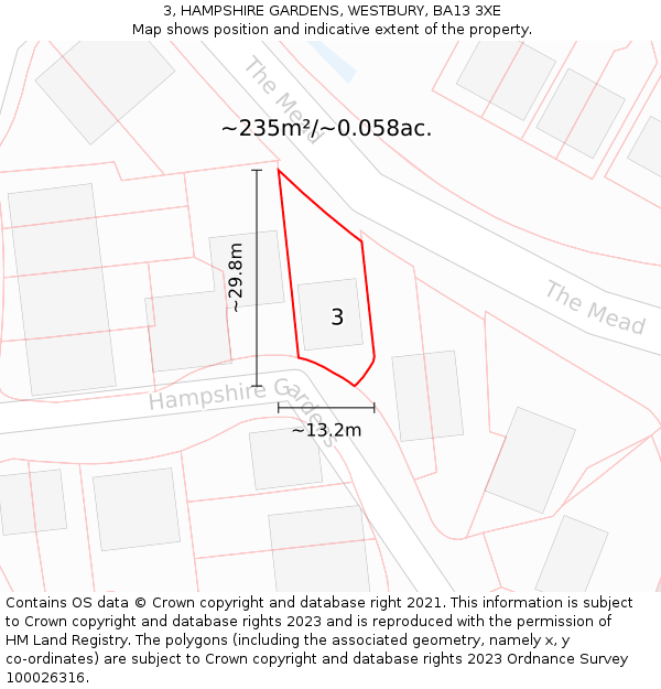 3, HAMPSHIRE GARDENS, WESTBURY, BA13 3XE: Plot and title map