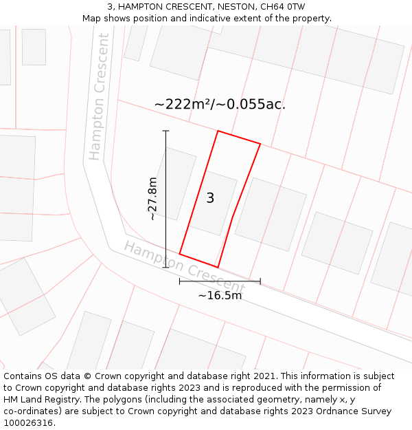 3, HAMPTON CRESCENT, NESTON, CH64 0TW: Plot and title map