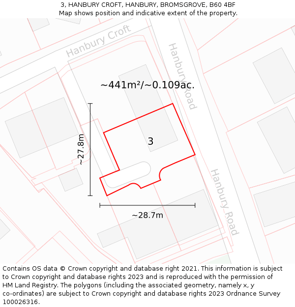 3, HANBURY CROFT, HANBURY, BROMSGROVE, B60 4BF: Plot and title map