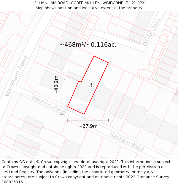 3, HANHAM ROAD, CORFE MULLEN, WIMBORNE, BH21 3PX: Plot and title map