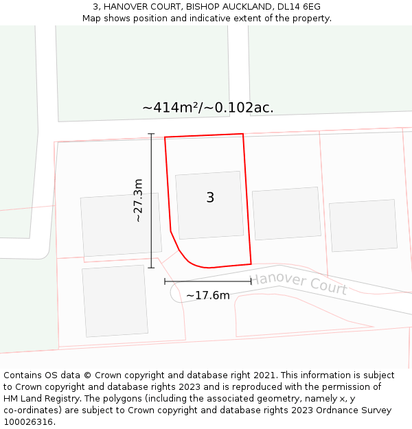 3, HANOVER COURT, BISHOP AUCKLAND, DL14 6EG: Plot and title map