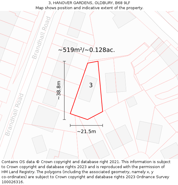 3, HANOVER GARDENS, OLDBURY, B68 9LF: Plot and title map