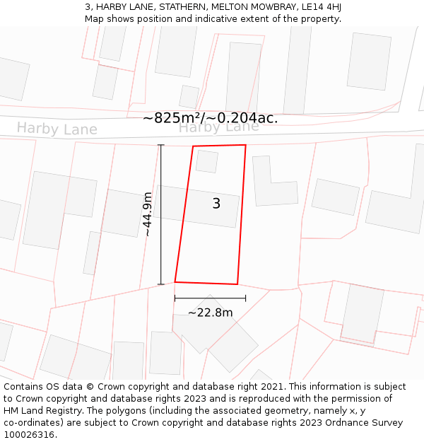 3, HARBY LANE, STATHERN, MELTON MOWBRAY, LE14 4HJ: Plot and title map