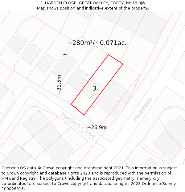 3, HARDEN CLOSE, GREAT OAKLEY, CORBY, NN18 8JW: Plot and title map