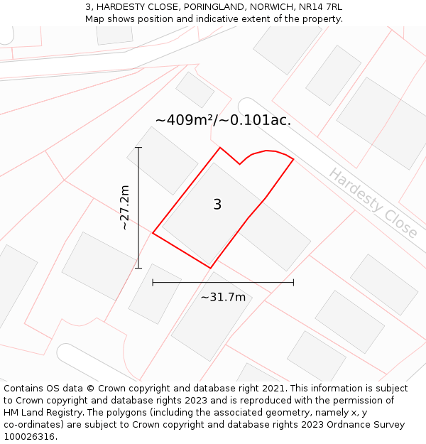 3, HARDESTY CLOSE, PORINGLAND, NORWICH, NR14 7RL: Plot and title map