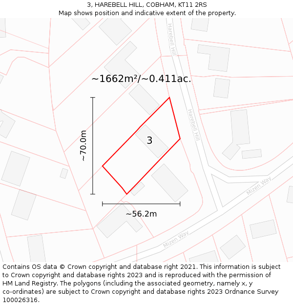 3, HAREBELL HILL, COBHAM, KT11 2RS: Plot and title map