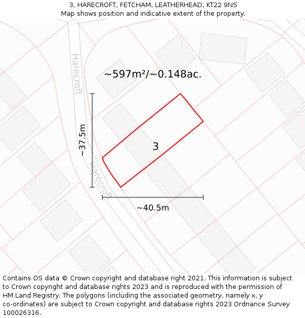 3, HARECROFT, FETCHAM, LEATHERHEAD, KT22 9NS: Plot and title map