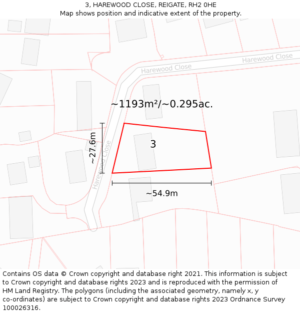 3, HAREWOOD CLOSE, REIGATE, RH2 0HE: Plot and title map