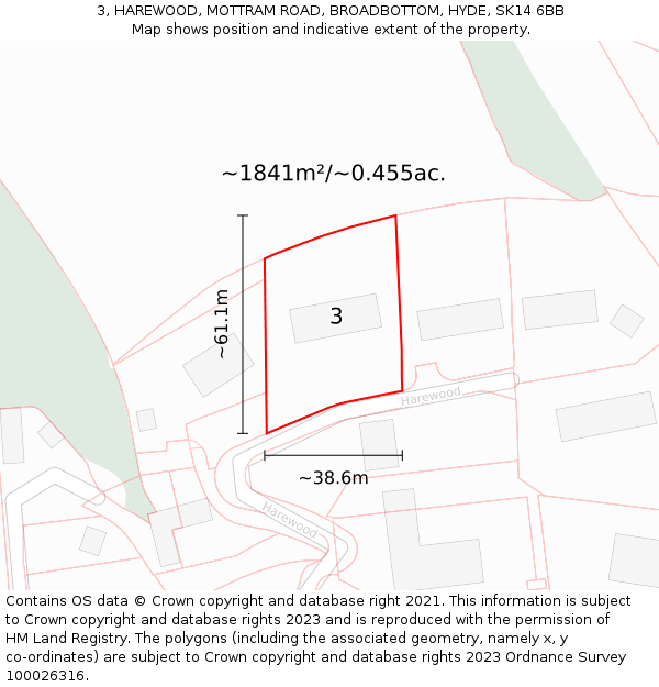 3, HAREWOOD, MOTTRAM ROAD, BROADBOTTOM, HYDE, SK14 6BB: Plot and title map