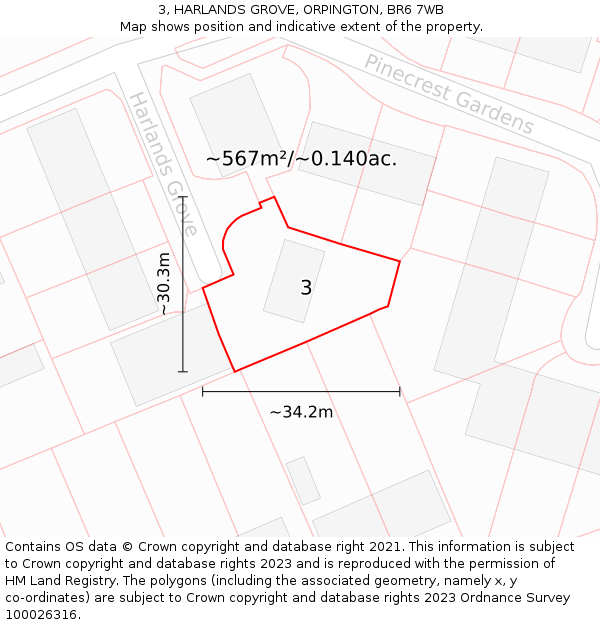 3, HARLANDS GROVE, ORPINGTON, BR6 7WB: Plot and title map