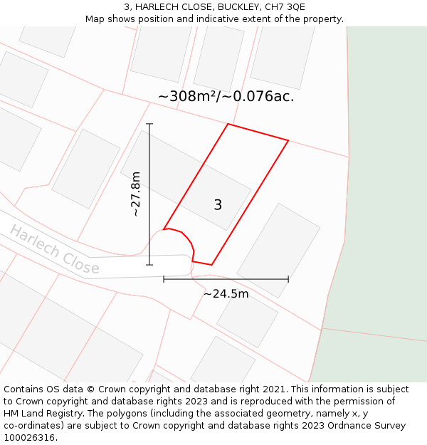 3, HARLECH CLOSE, BUCKLEY, CH7 3QE: Plot and title map