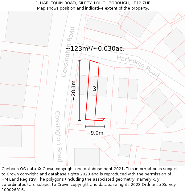 3, HARLEQUIN ROAD, SILEBY, LOUGHBOROUGH, LE12 7UR: Plot and title map