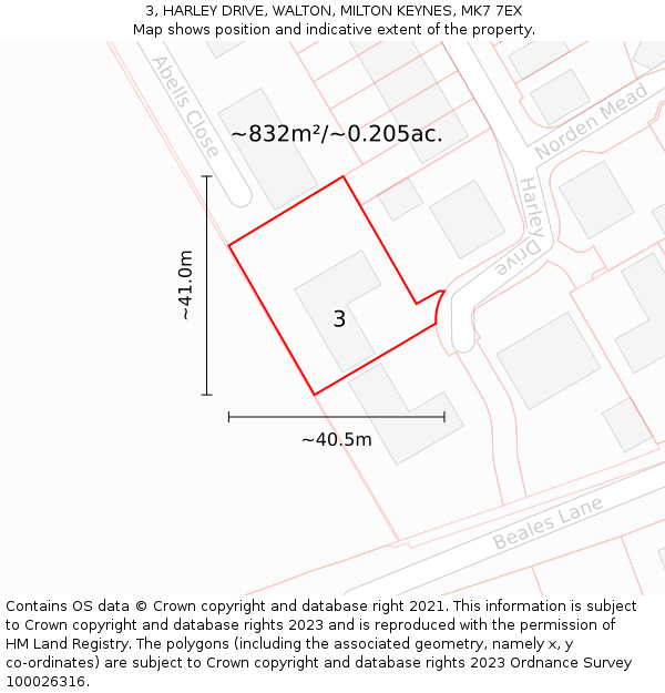 3, HARLEY DRIVE, WALTON, MILTON KEYNES, MK7 7EX: Plot and title map