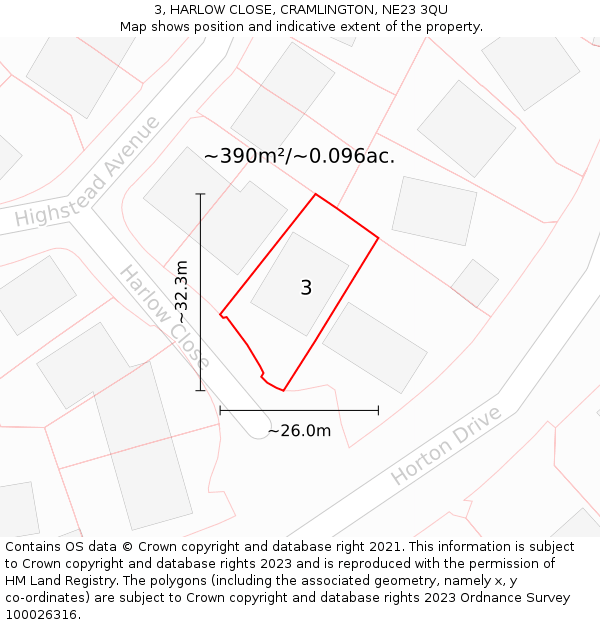 3, HARLOW CLOSE, CRAMLINGTON, NE23 3QU: Plot and title map