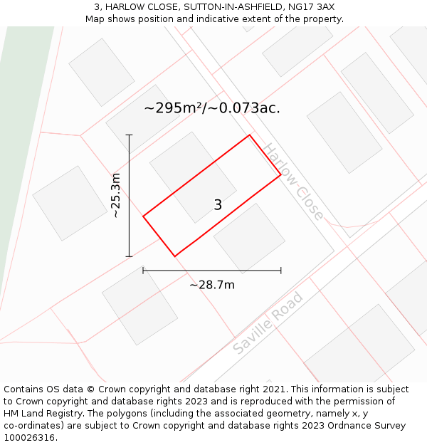 3, HARLOW CLOSE, SUTTON-IN-ASHFIELD, NG17 3AX: Plot and title map