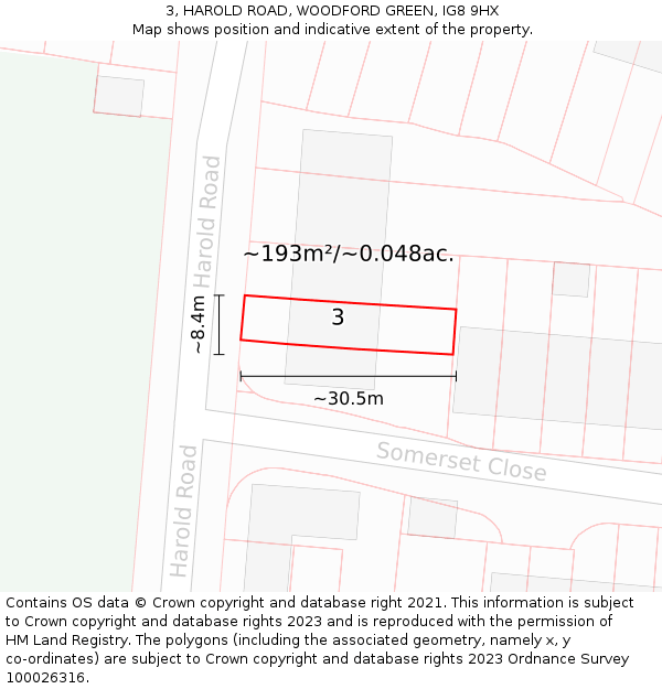 3, HAROLD ROAD, WOODFORD GREEN, IG8 9HX: Plot and title map